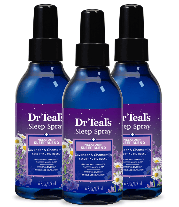 A bottle of Dr. Teals Sleep Spray, Melatonin & Essential Oils with lavender and chamomile essential oils to help promote a better night's sleep
