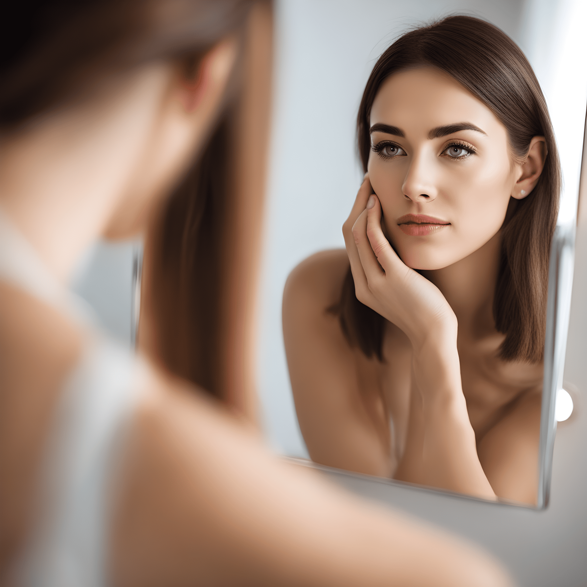 A woman with sensitive skin looking in the mirror